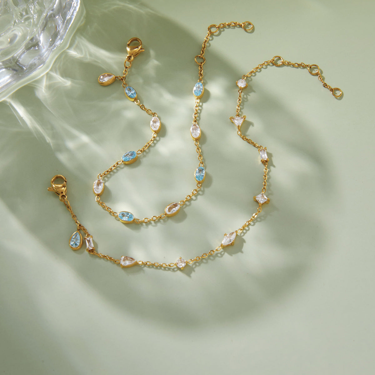Stainless Steel Blue Water Drop Cubic Zirconia Pendant Bracelet