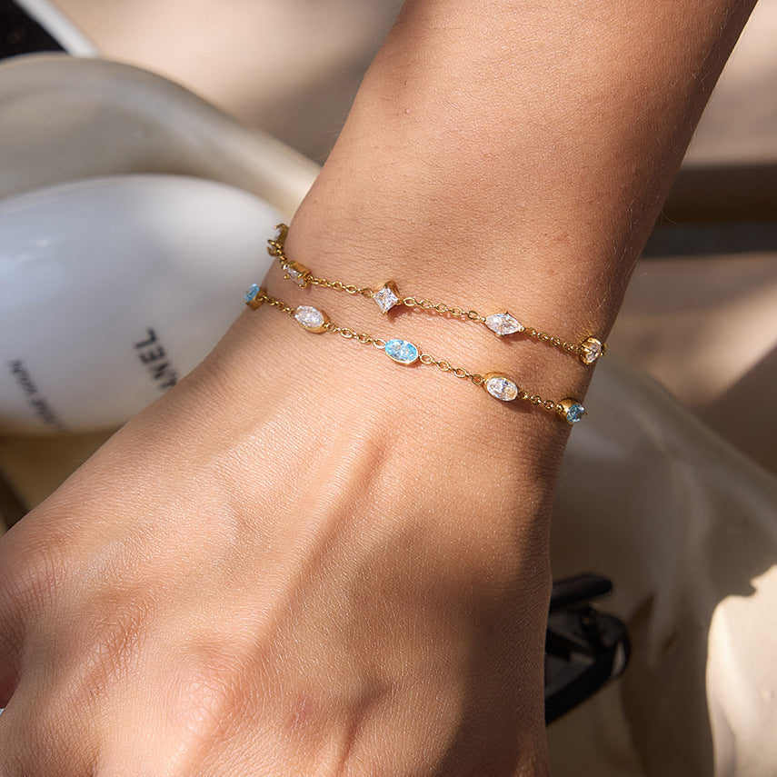 Stainless Steel Blue Water Drop Cubic Zirconia Pendant Bracelet