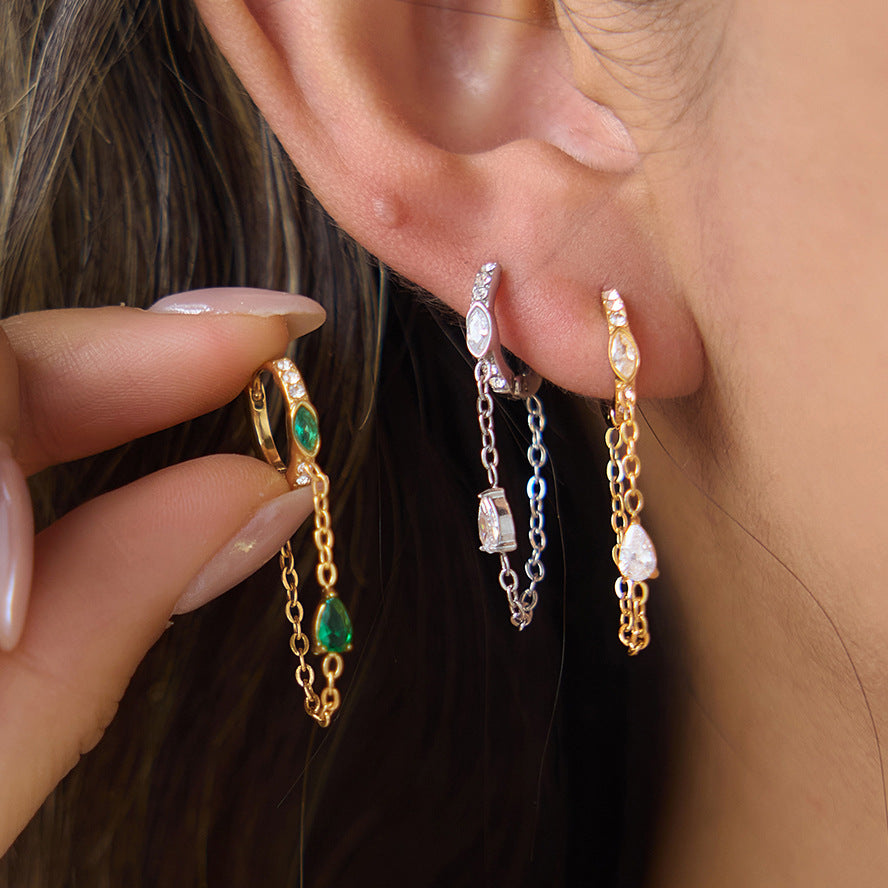 Stainless Steel Green Cubic Zirconia Tassel Earrings