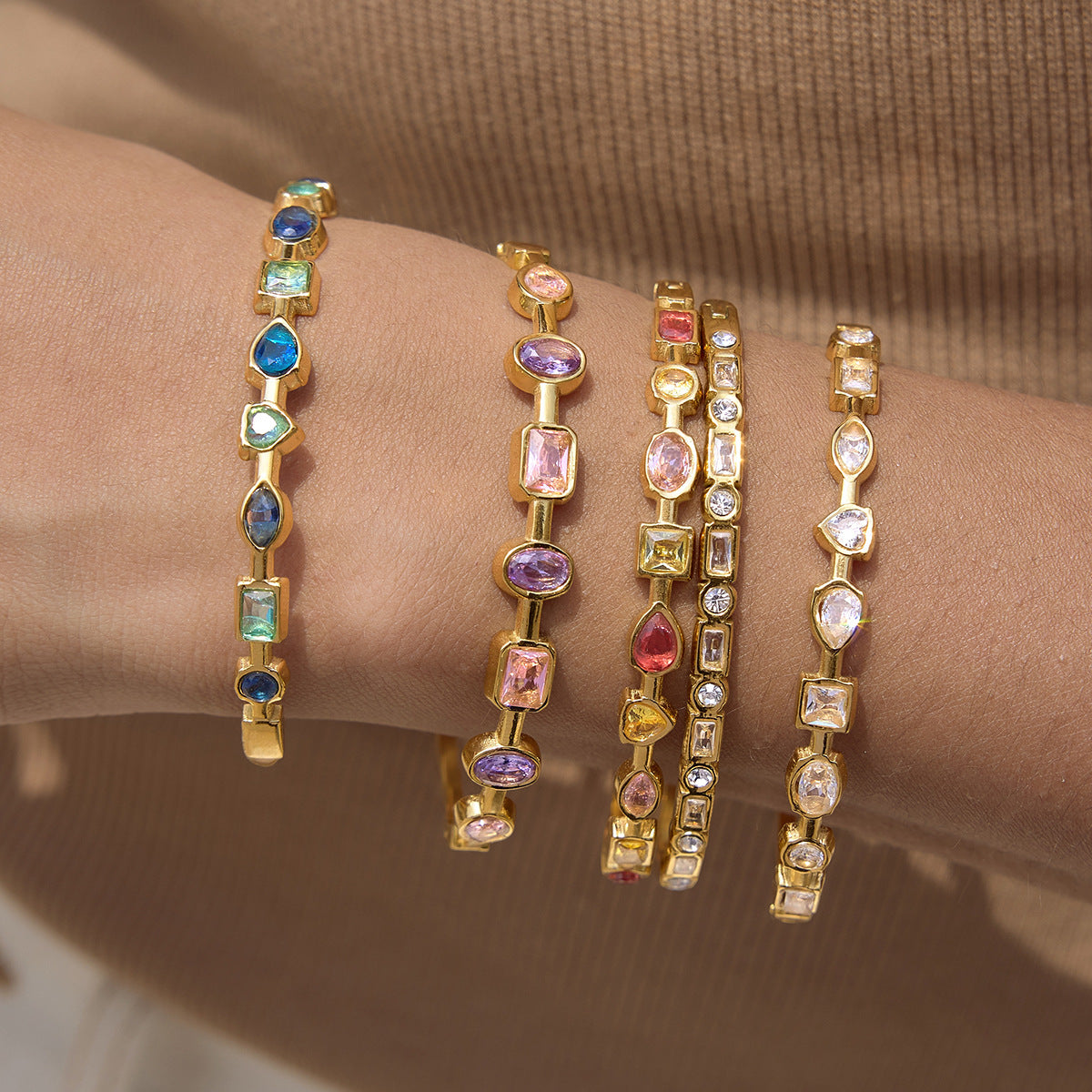 Stainless Steel Geometric Cubic Zirconia Bangle