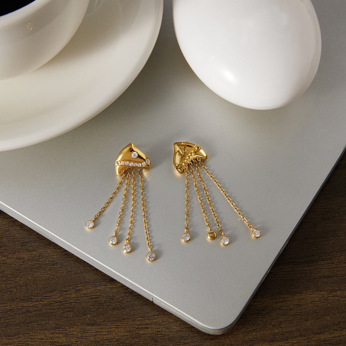 Stainless Steel Tropical Fish Chain Tassel Cubic Zirconia Earrings