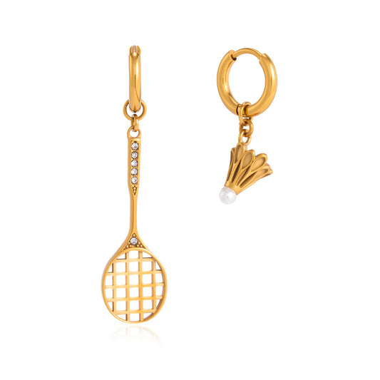 Stainless Steel Glass Pearl Badminton Pendant Huggie Earrings