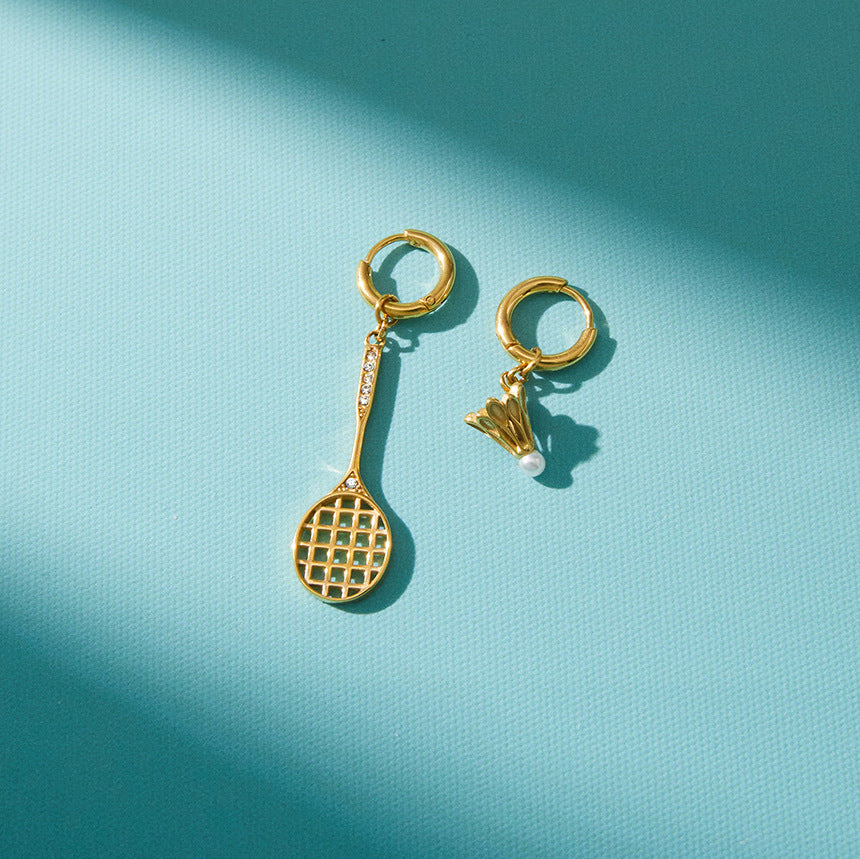 Stainless Steel Glass Pearl Badminton Pendant Huggie Earrings