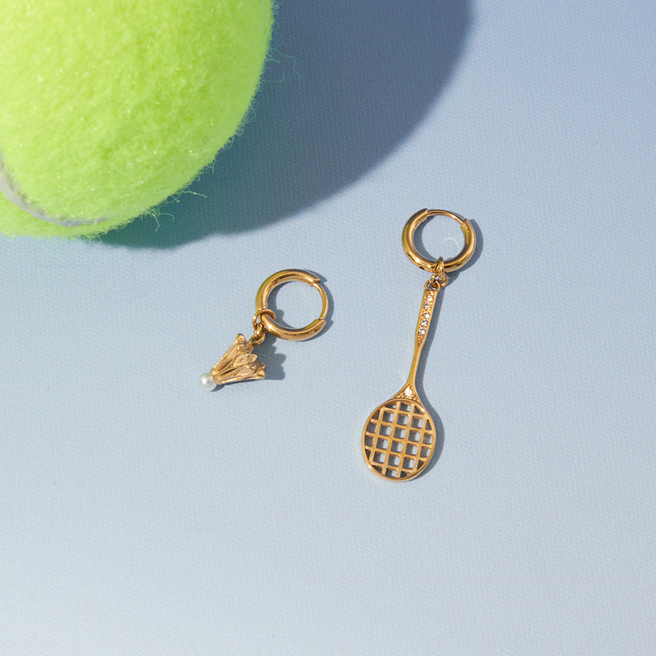 Stainless Steel Glass Pearl Badminton Pendant Huggie Earrings