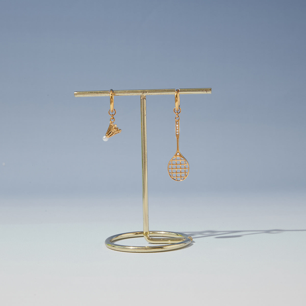 Stainless Steel Glass Pearl Badminton Pendant Huggie Earrings