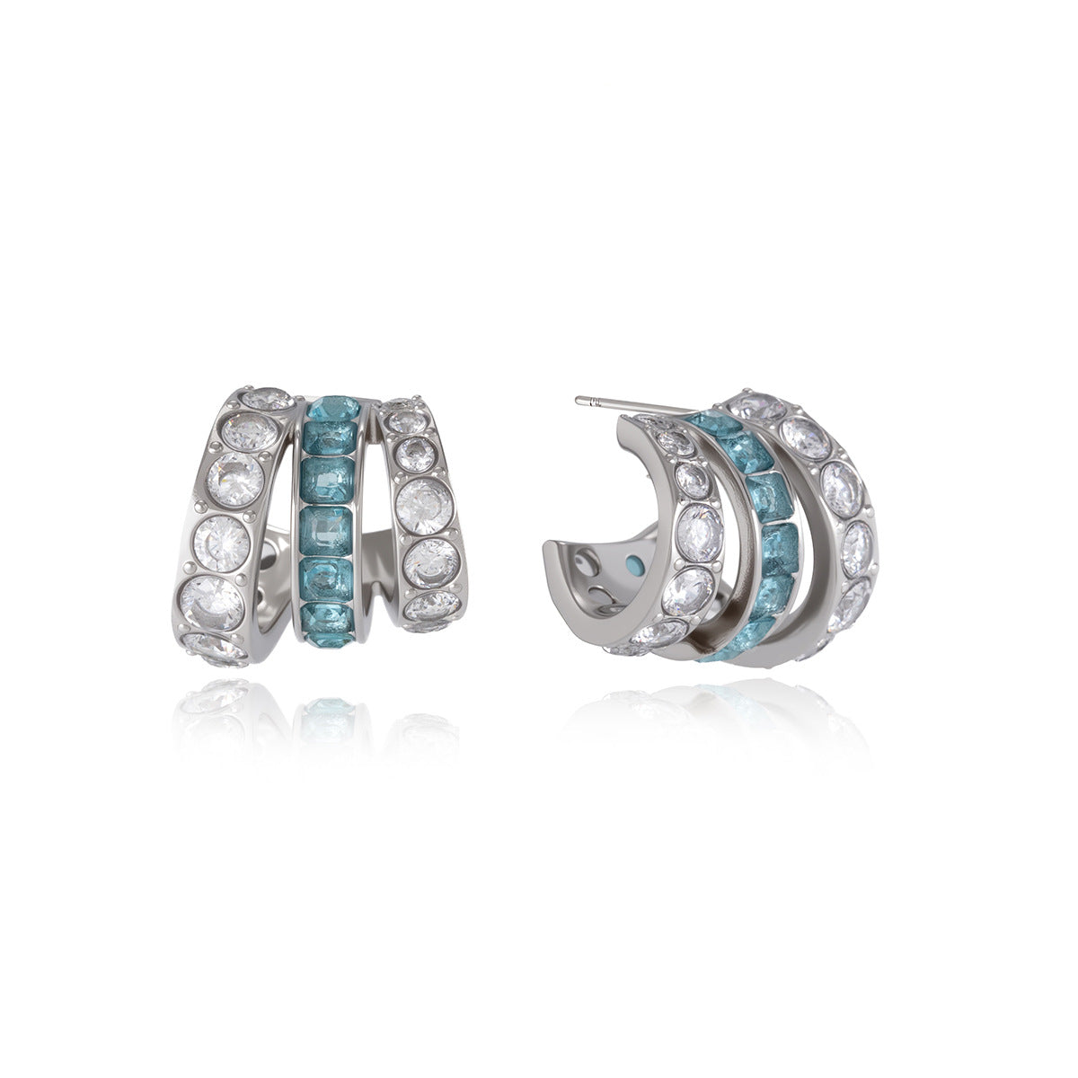 Stainless Steel Blue CZ C-shaped Multi-layer Hollow Earrings