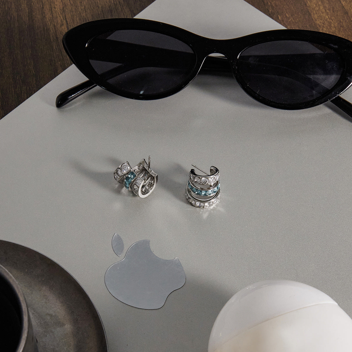 Stainless Steel Blue CZ C-shaped Multi-layer Hollow Earrings