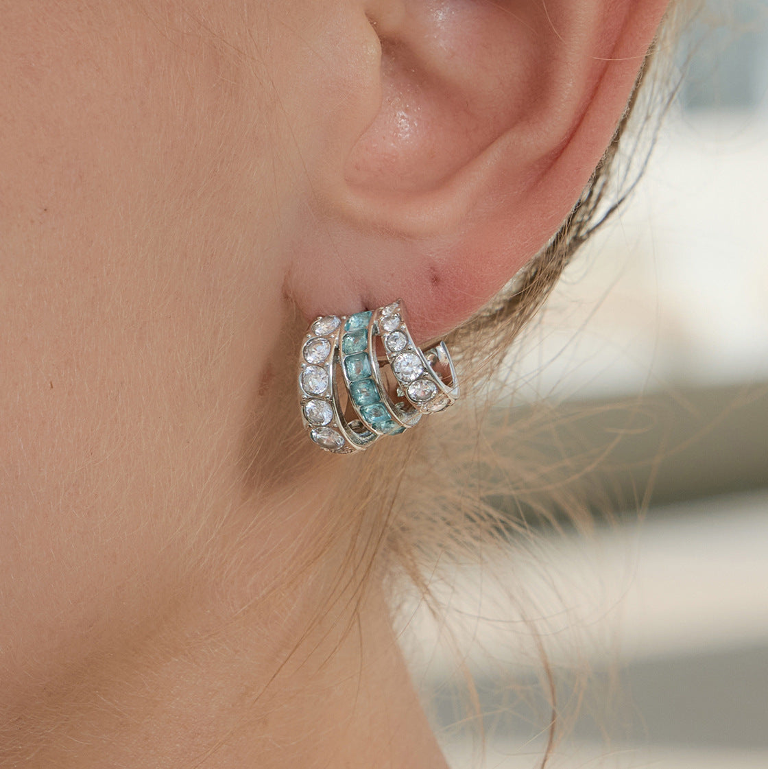 Stainless Steel Blue CZ C-shaped Multi-layer Hollow Earrings