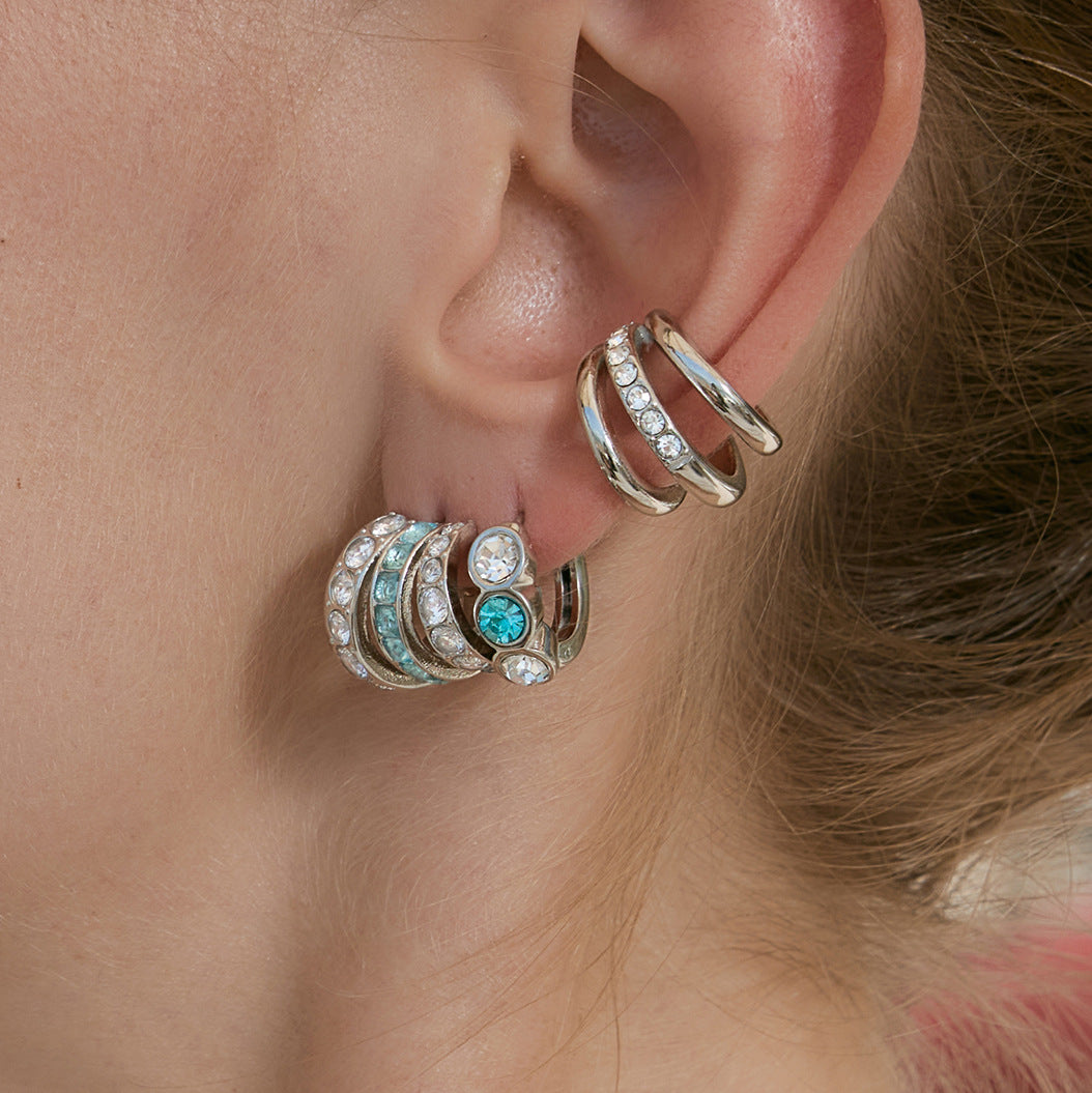 Stainless Steel Blue CZ C-shaped Multi-layer Hollow Earrings
