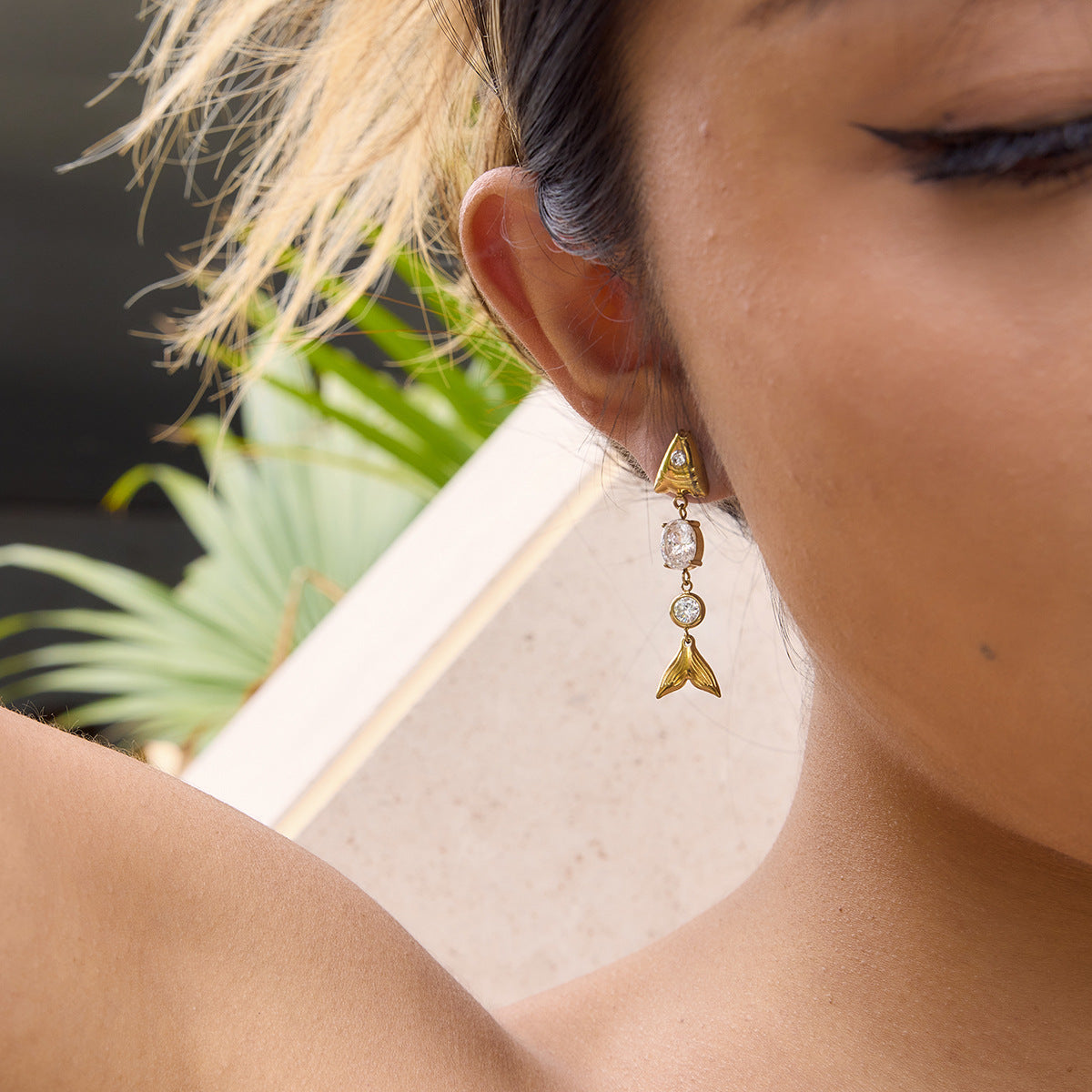 Stainless Steel Cubic Zirconia Fish Pendant Stud Earrings