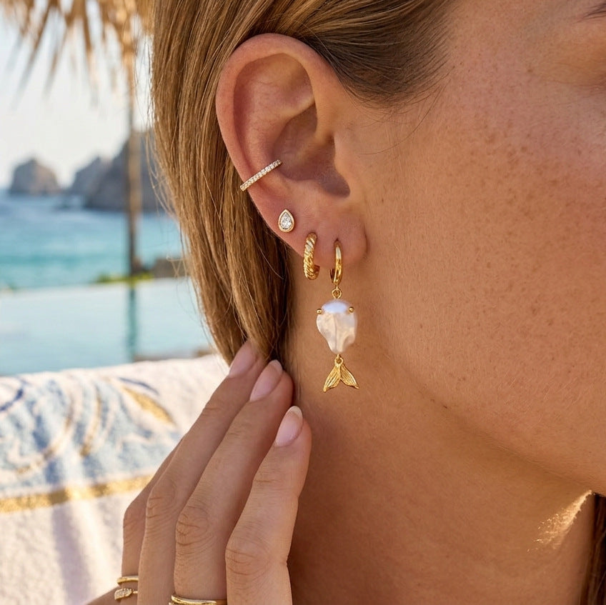 Stainless Steel Cubic Zirconia Fish Pendant Stud Earrings