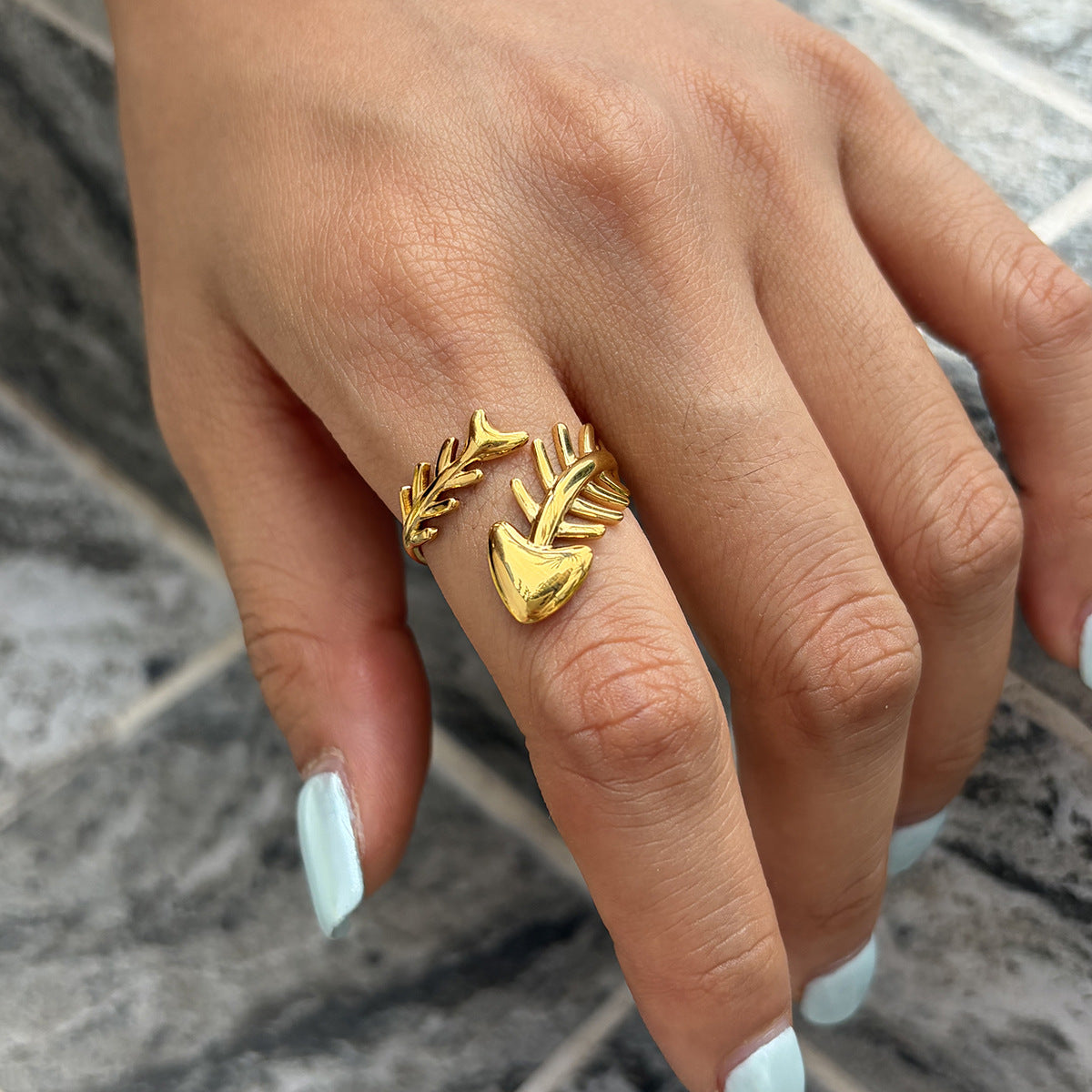 Stainless Steel 18K Gold PVD Fishbone Open Ring