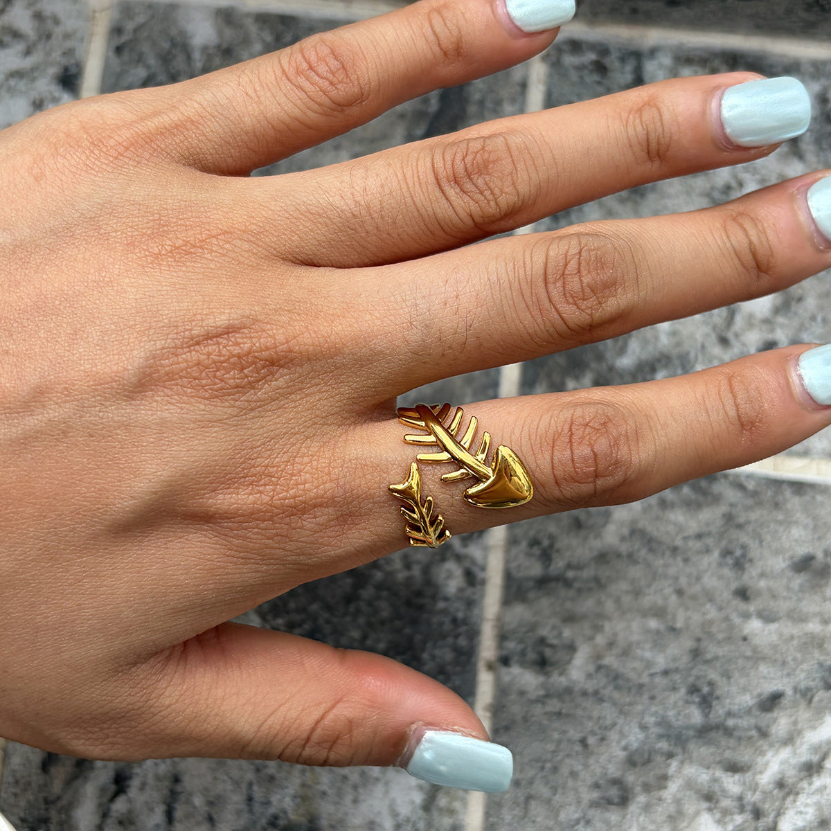 Stainless Steel 18K Gold PVD Fishbone Open Ring