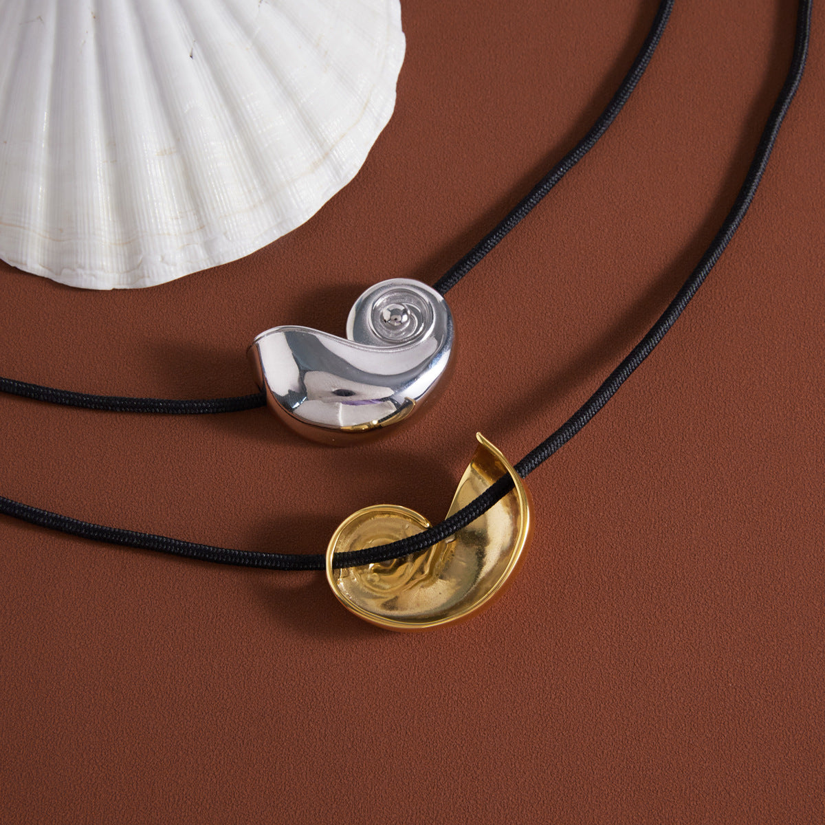 Stainless Steel Black Rope Conch Pendant Necklace
