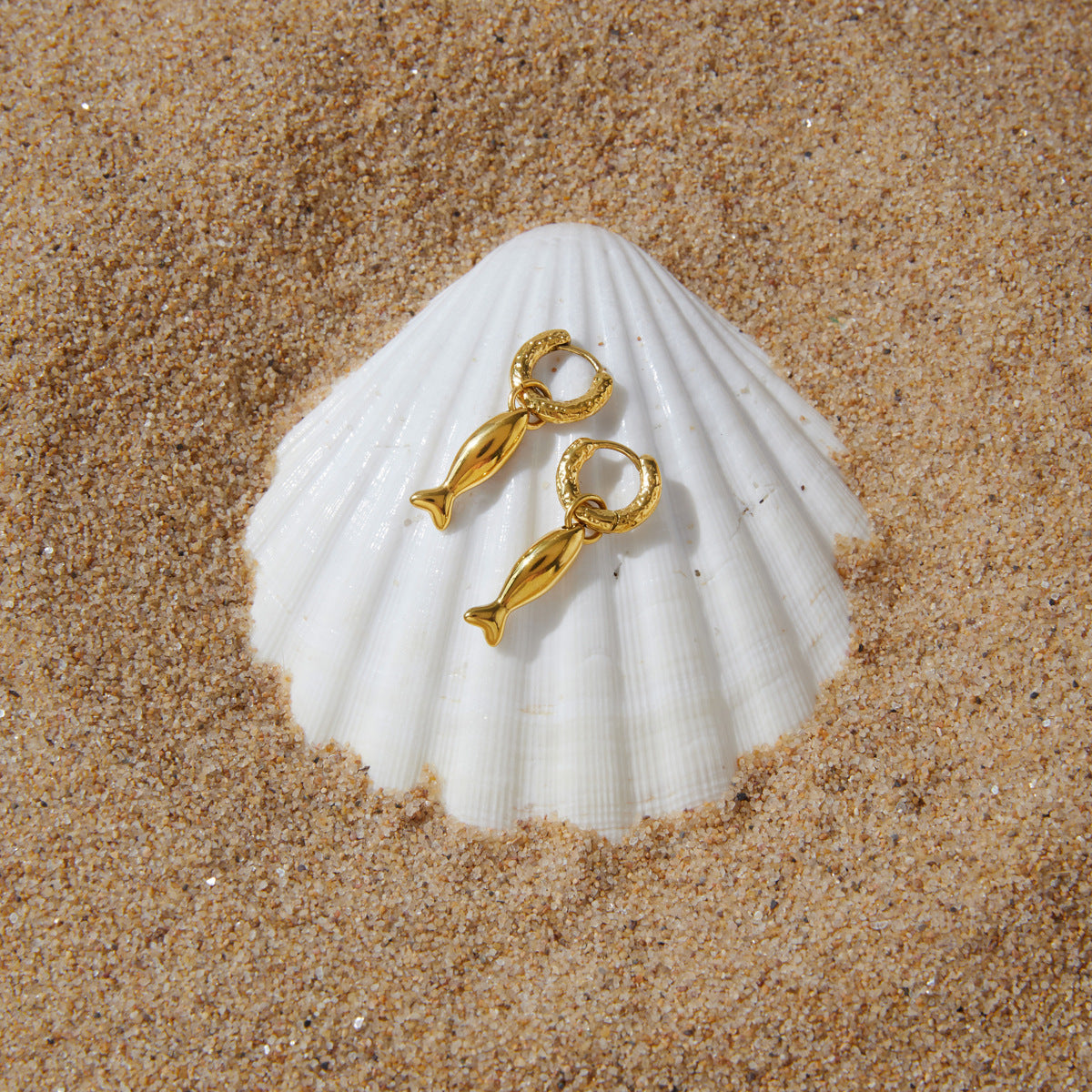 Stainless Steel Ocean Fish Pendant Huggie Earrings