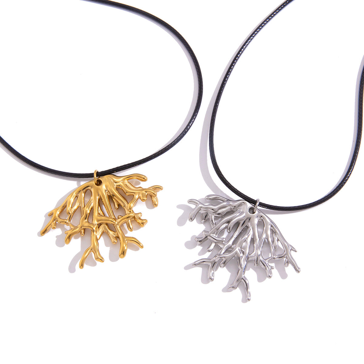 Stainless Steel Black Wax Rope Coral Pendant Necklace