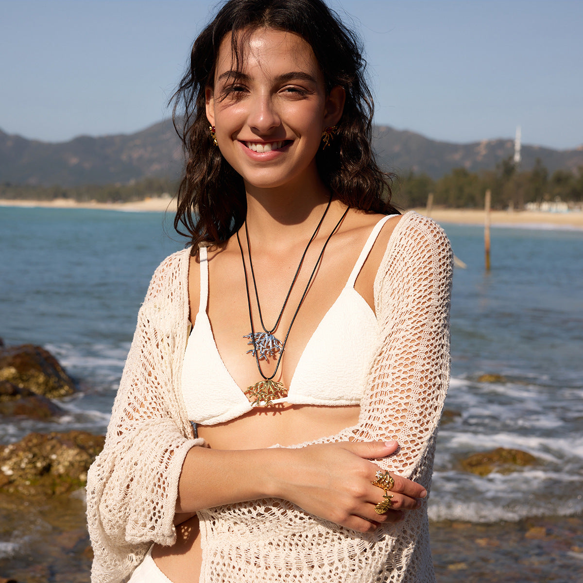 Stainless Steel Black Wax Rope Coral Pendant Necklace