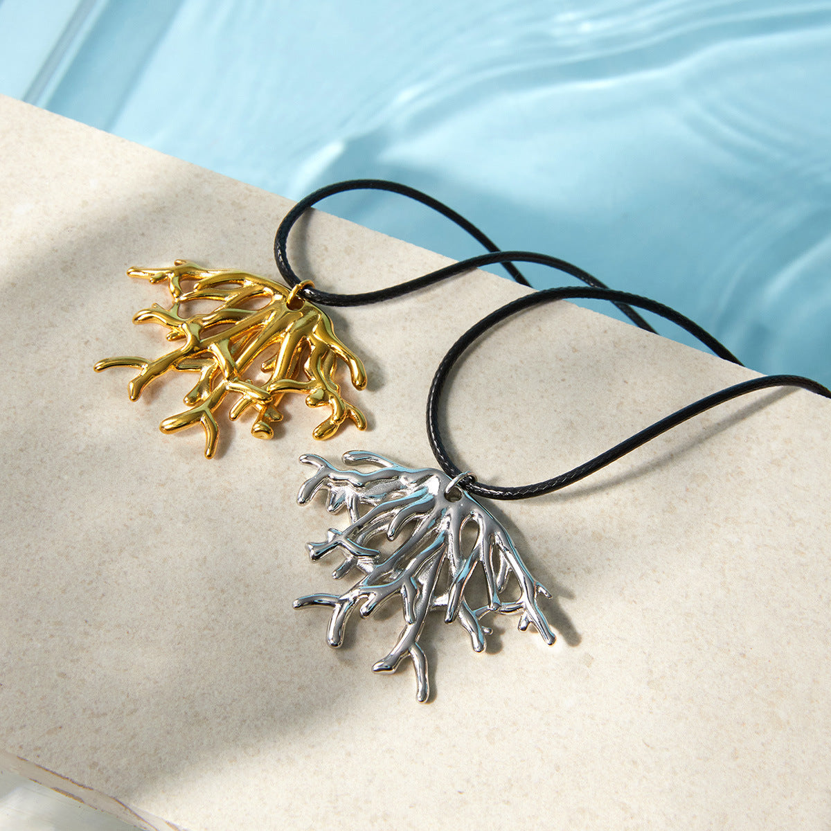 Stainless Steel Black Wax Rope Coral Pendant Necklace