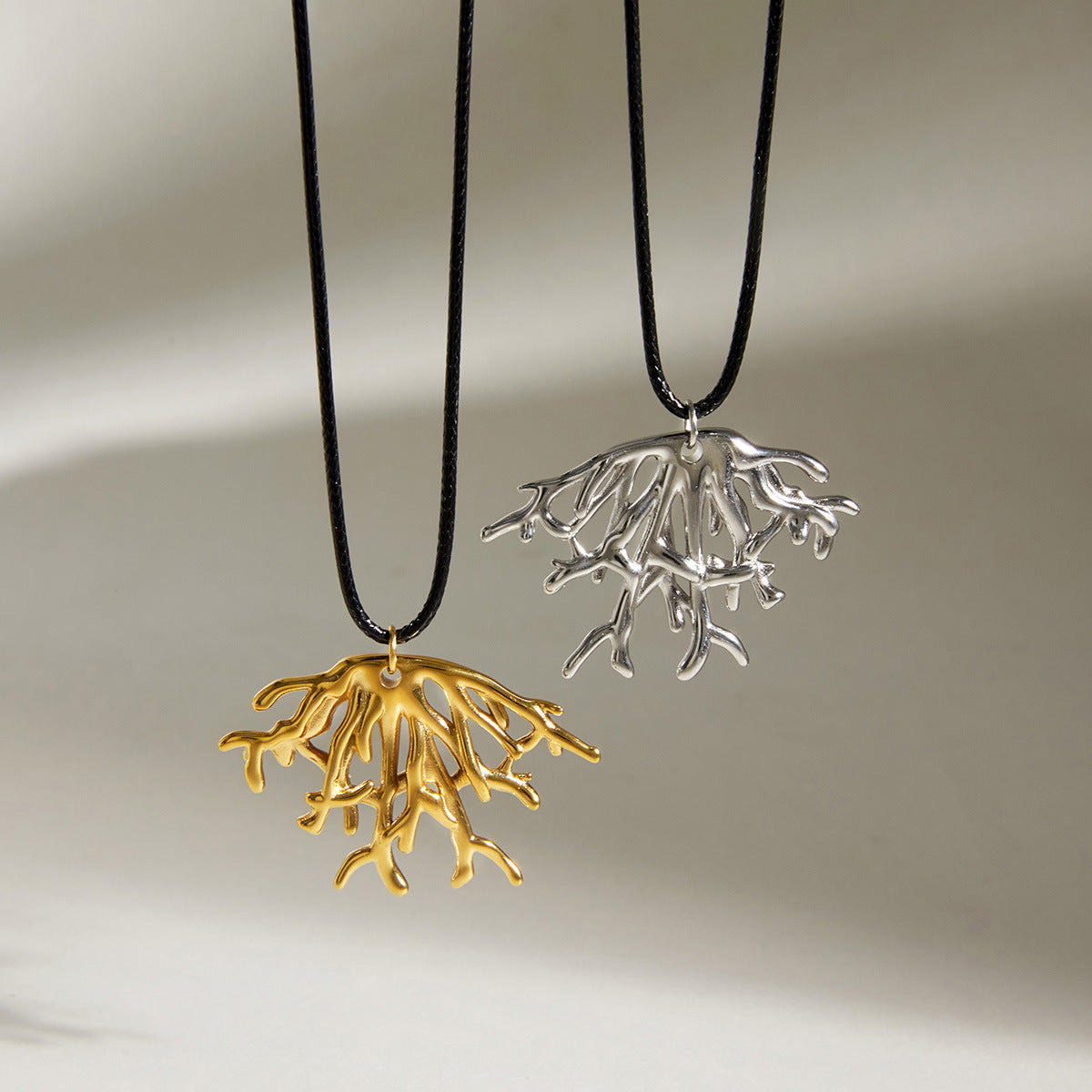 Stainless Steel Black Wax Rope Coral Pendant Necklace