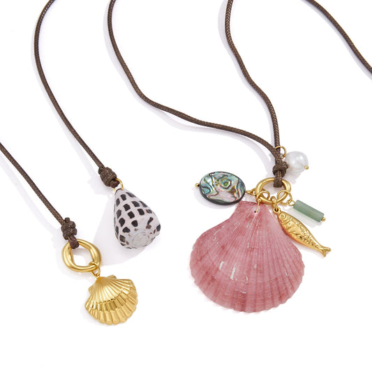 Stainless Steel Brown Wax Rope Shell Pendant Necklace