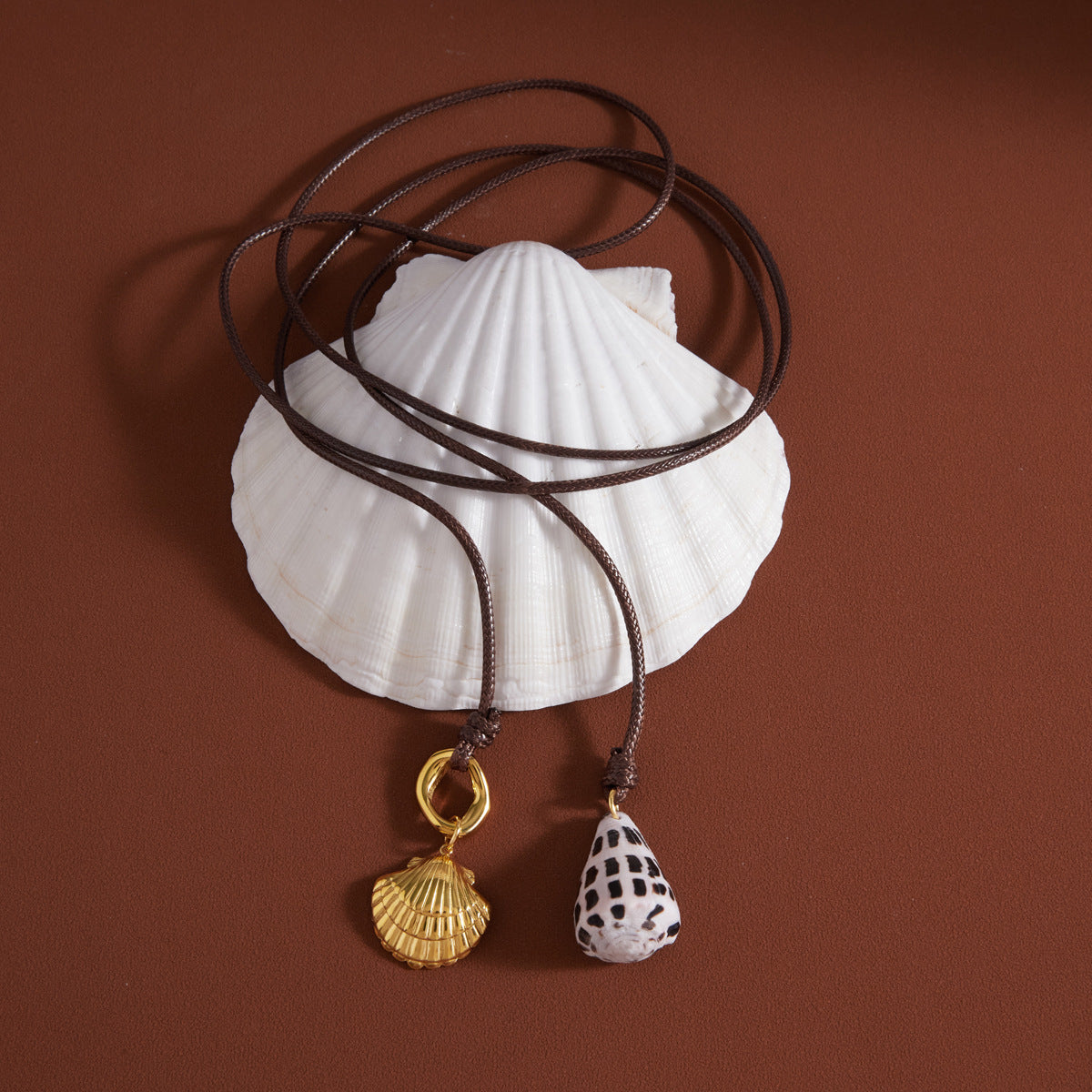 Stainless Steel Brown Wax Rope Shell Pendant Necklace
