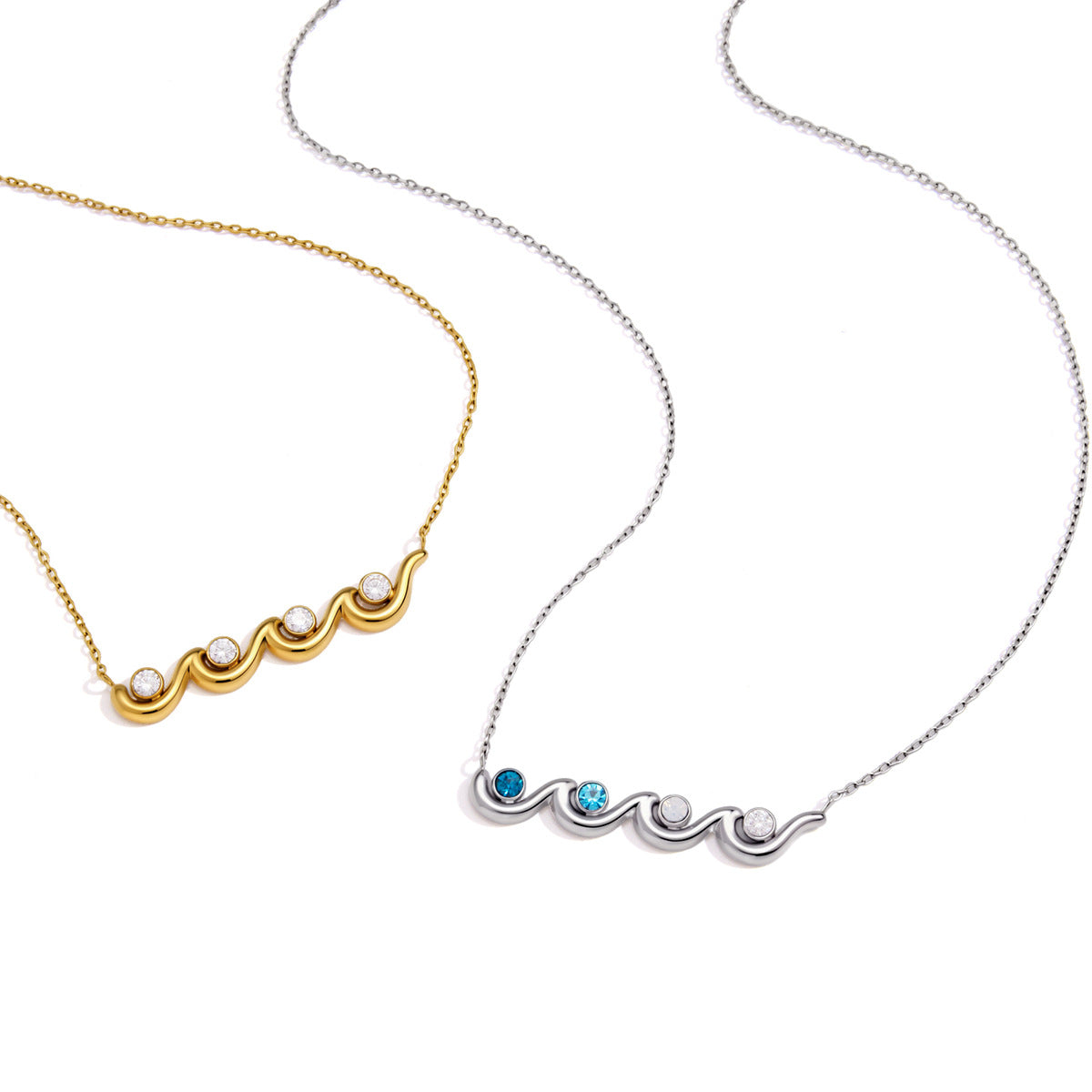 Stainless Steel Wavy Cubic Zirconia Necklace