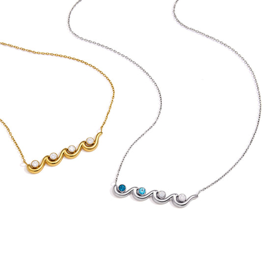 Stainless Steel Wavy Cubic Zirconia Necklace