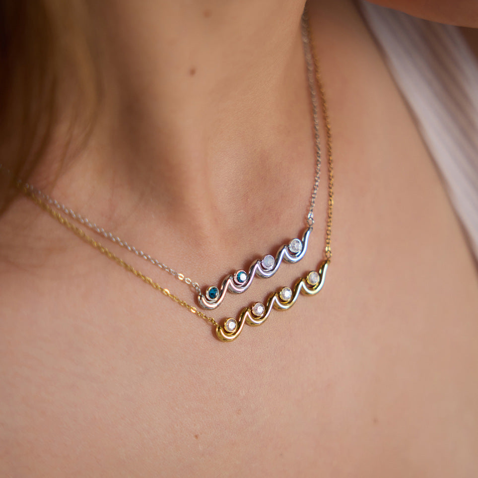 Stainless Steel Wavy Cubic Zirconia Necklace