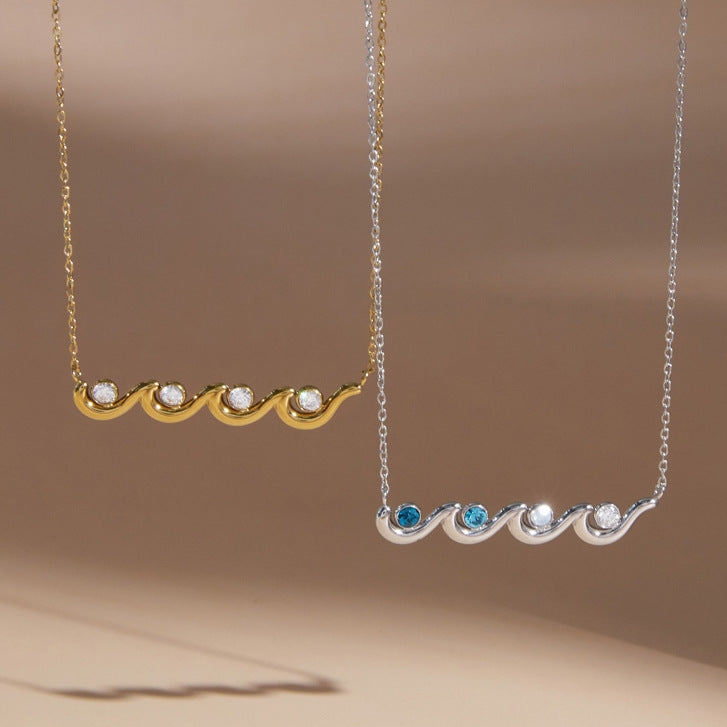 Stainless Steel Wavy Cubic Zirconia Necklace