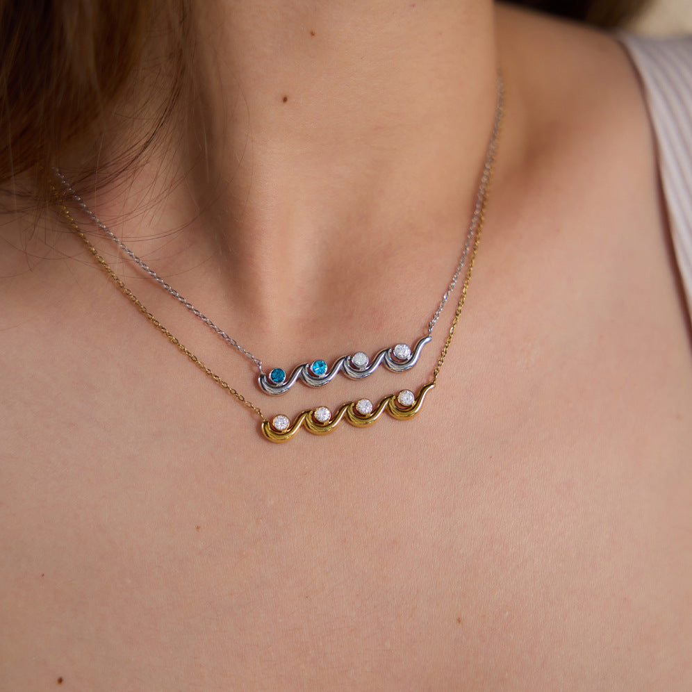 Stainless Steel Wavy Cubic Zirconia Necklace