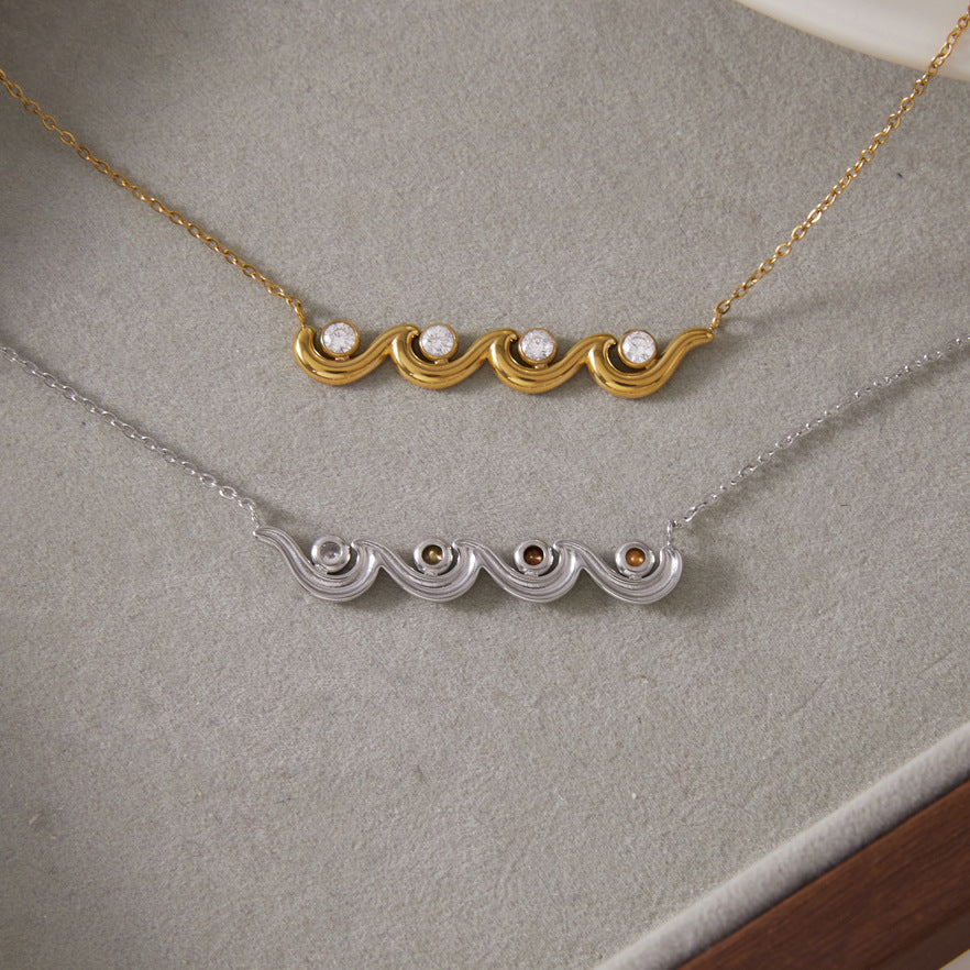 Stainless Steel Wavy Cubic Zirconia Necklace