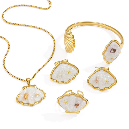 Stainless Steel Shell Necklace Earrings Rings Bracelets Jewelry Set