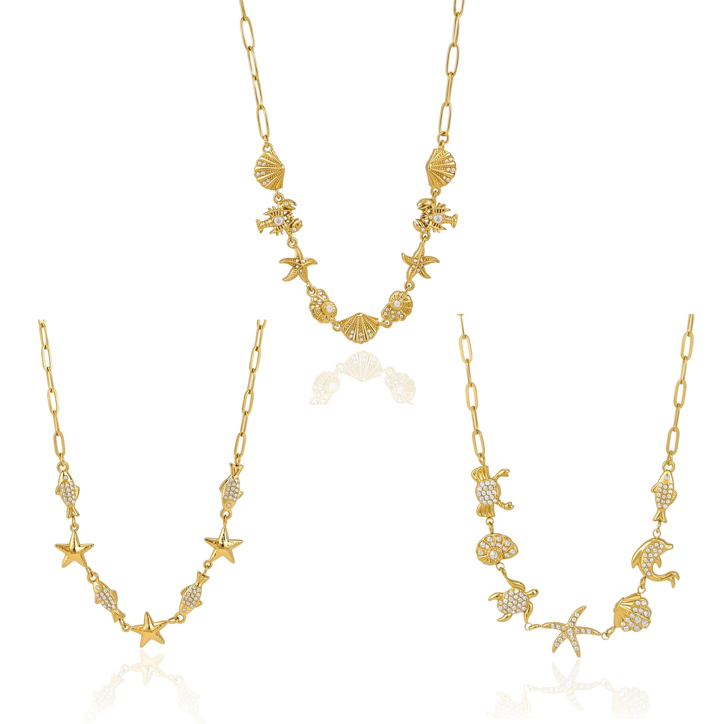 Stainless Steel White Rhinestone Turtle Lobster Shell Conch Starfish Necklace