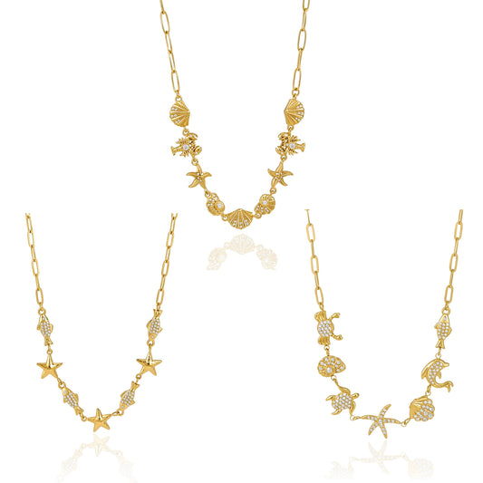 Stainless Steel White Rhinestone Turtle Lobster Shell Conch Starfish Necklace