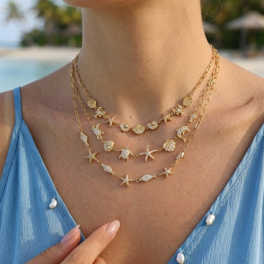 Stainless Steel White Rhinestone Turtle Lobster Shell Conch Starfish Necklace