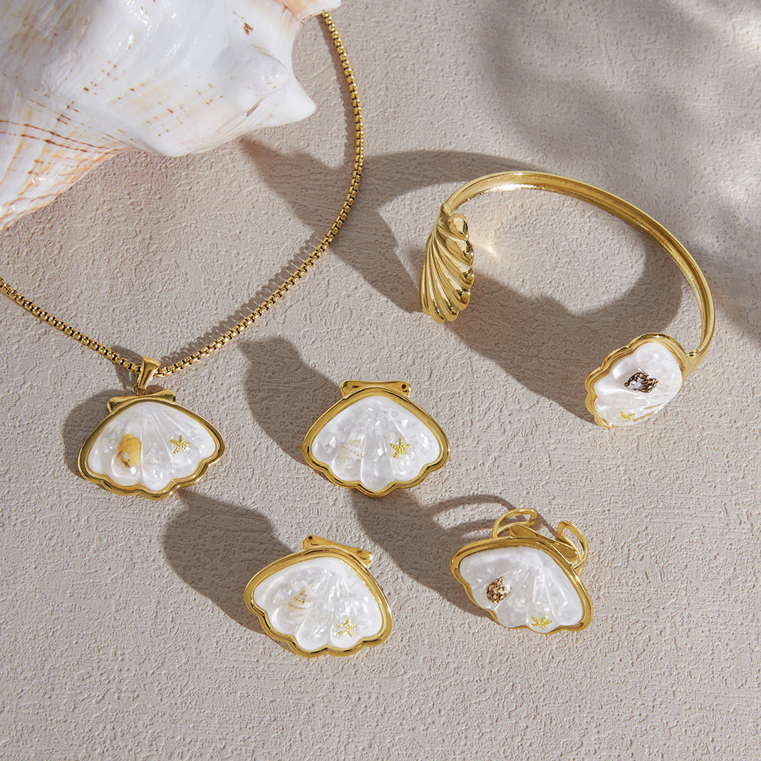 Stainless Steel Shell Necklace Earrings Rings Bracelets Jewelry Set