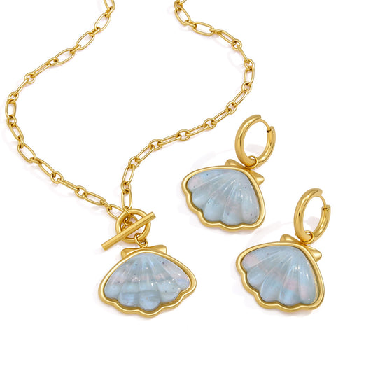Stainless Steel Blue Shell Pendant Necklace Earrings Jewelry Set