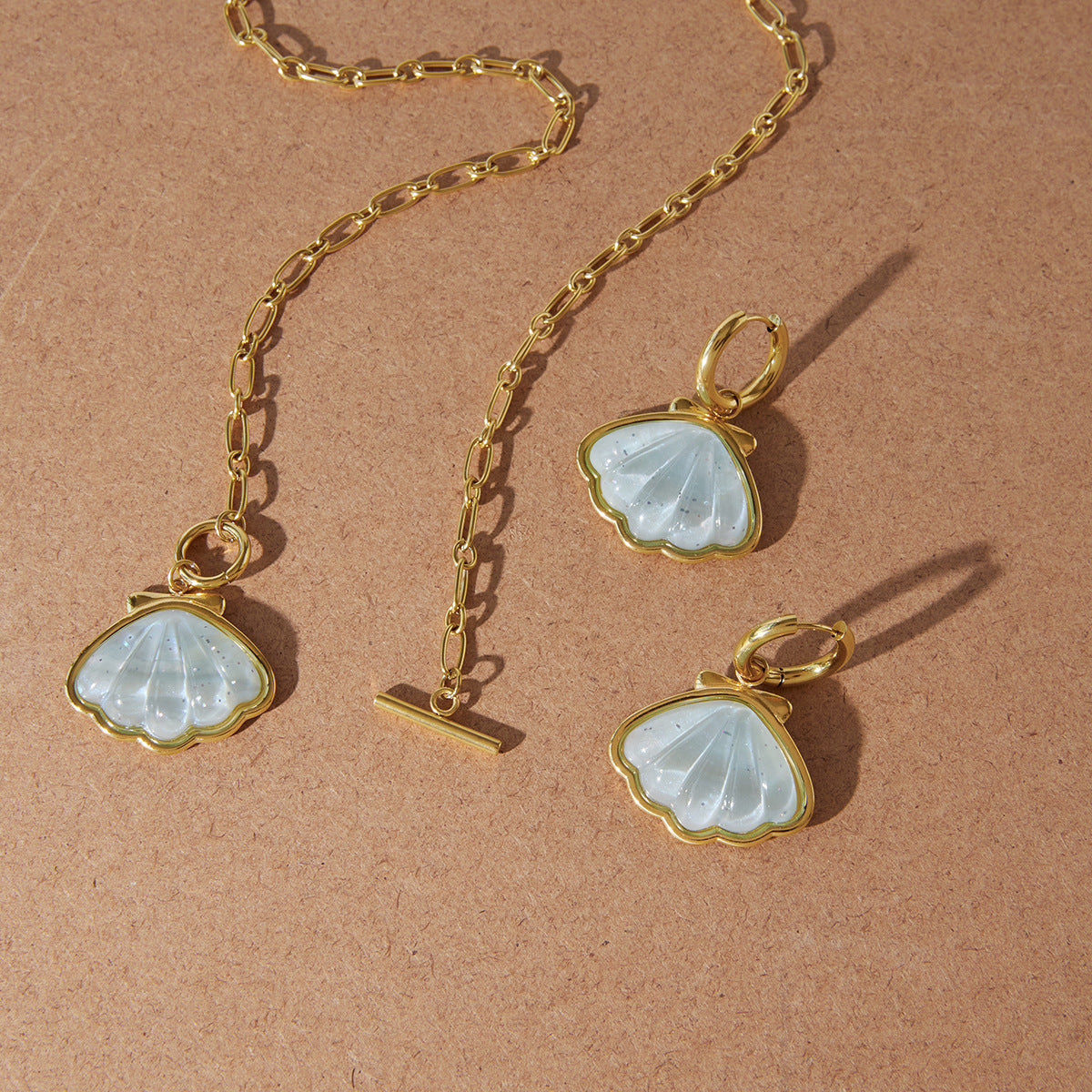 Stainless Steel Blue Shell Pendant Necklace Earrings Jewelry Set