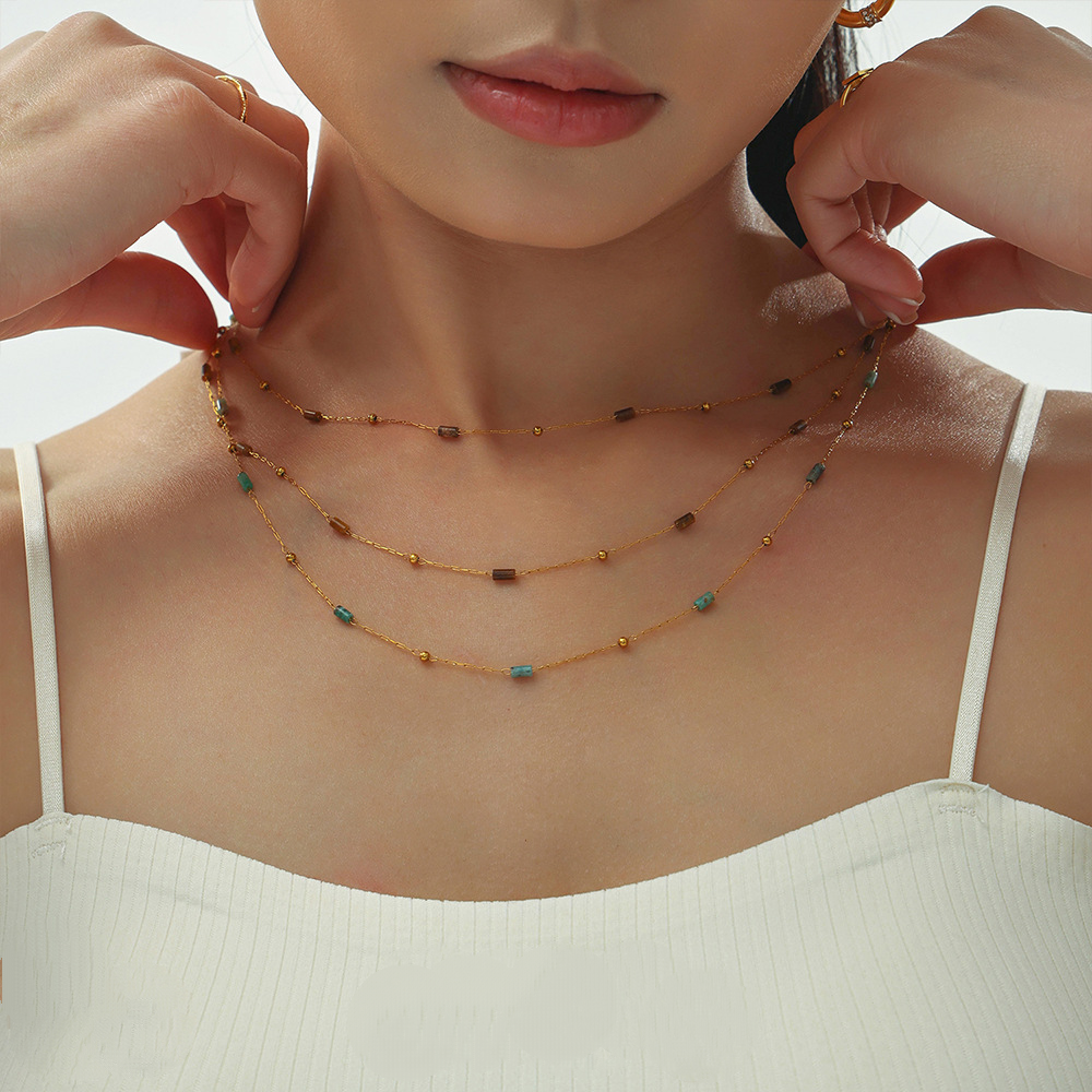 Natural Stone Beaded Stainless Steel Necklace