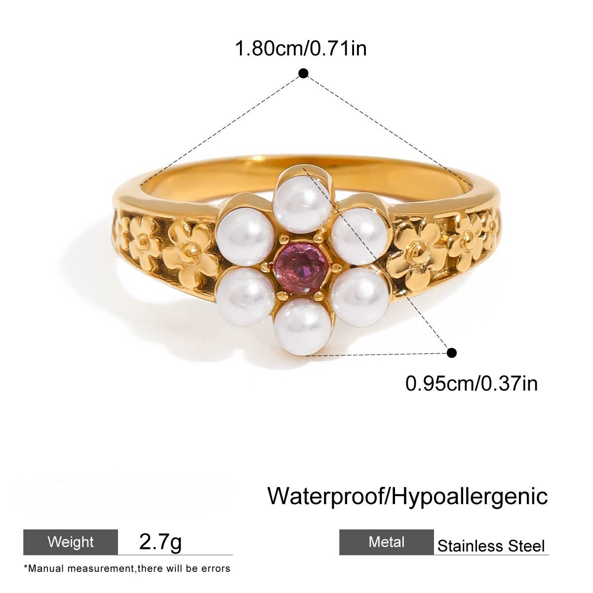 Stainless Steel Pearl Flower Cubic Zirconia Ring