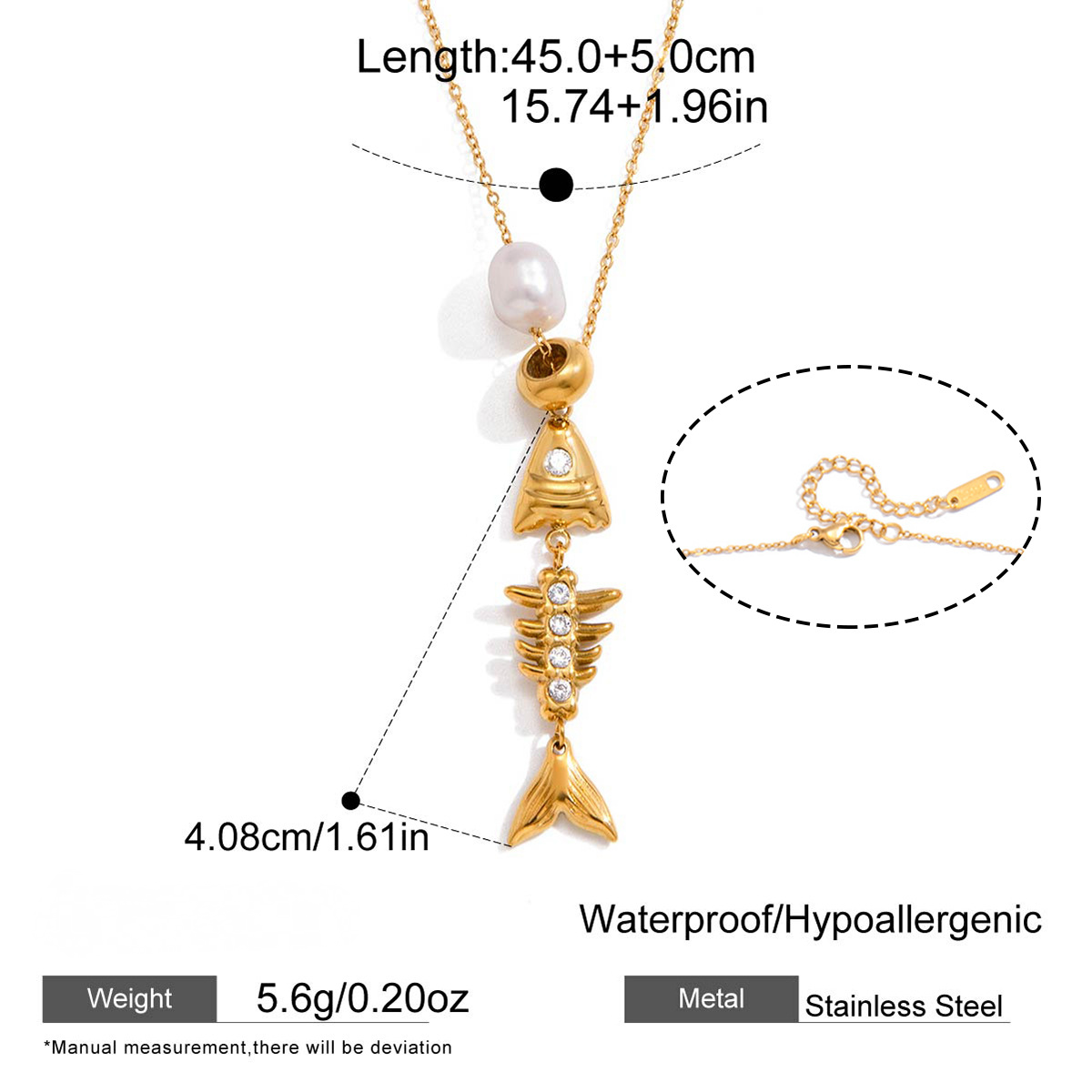 Stainless Steel Freshwater Pearl Fish Bone Pendant Necklace