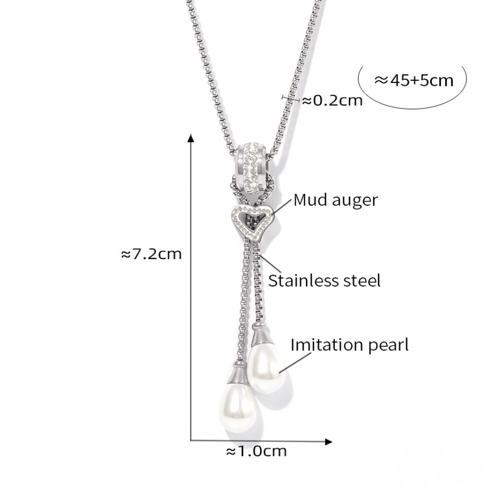Stainless Steel 18K Gold PVD Heart Tassel Imitation Pearl Pendant Necklace