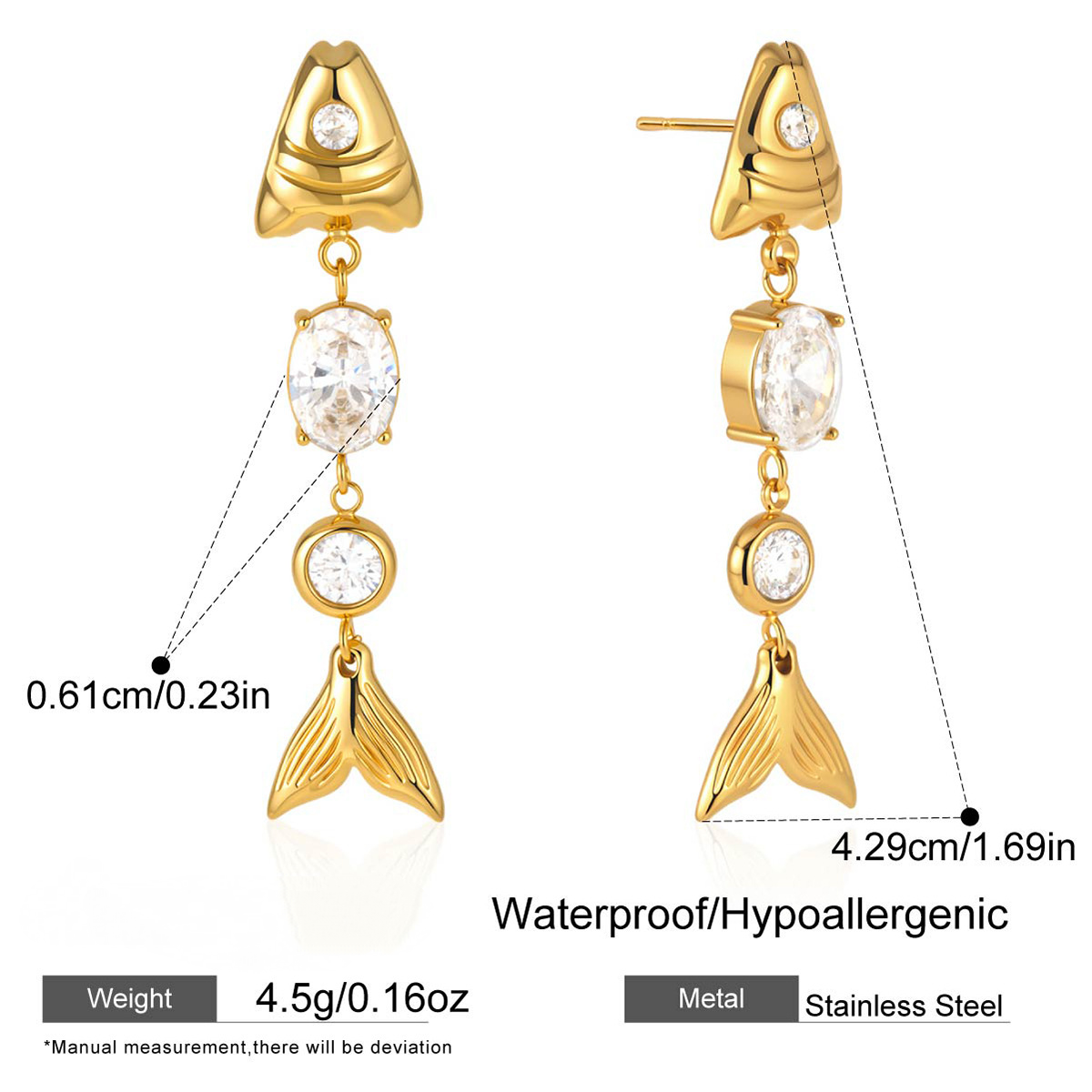 Stainless Steel Cubic Zirconia Fish Pendant Stud Earrings