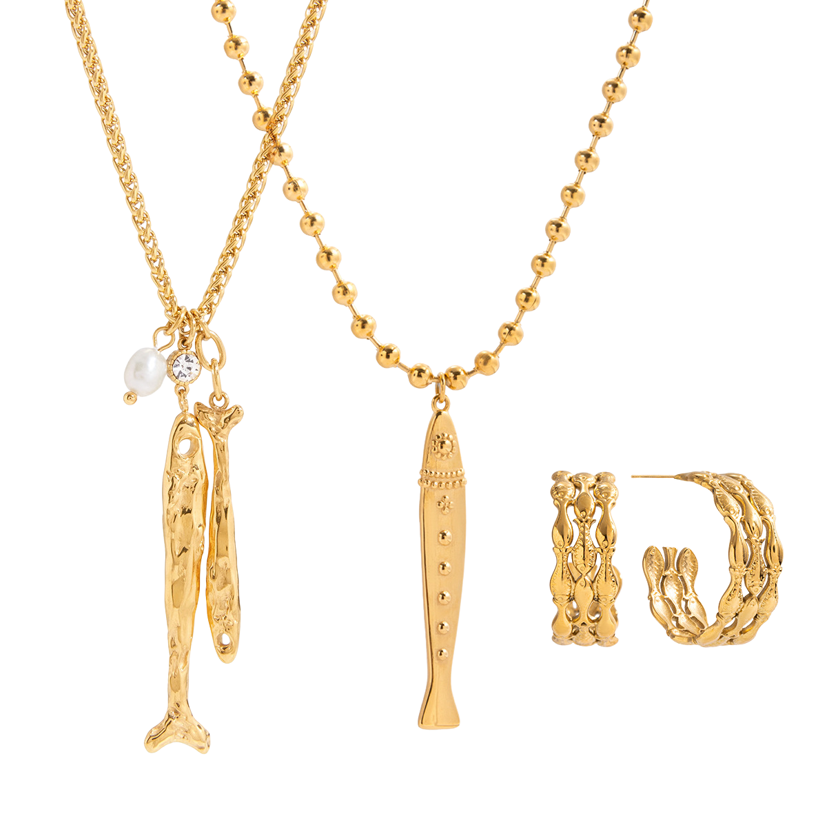 Stainless Steel Fish Pendant Necklace Earrings Jewelry Set