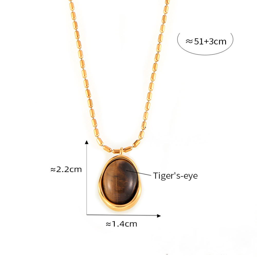Stainless Steel Tiger Eye Stone Pendant Beaded Chain Necklace