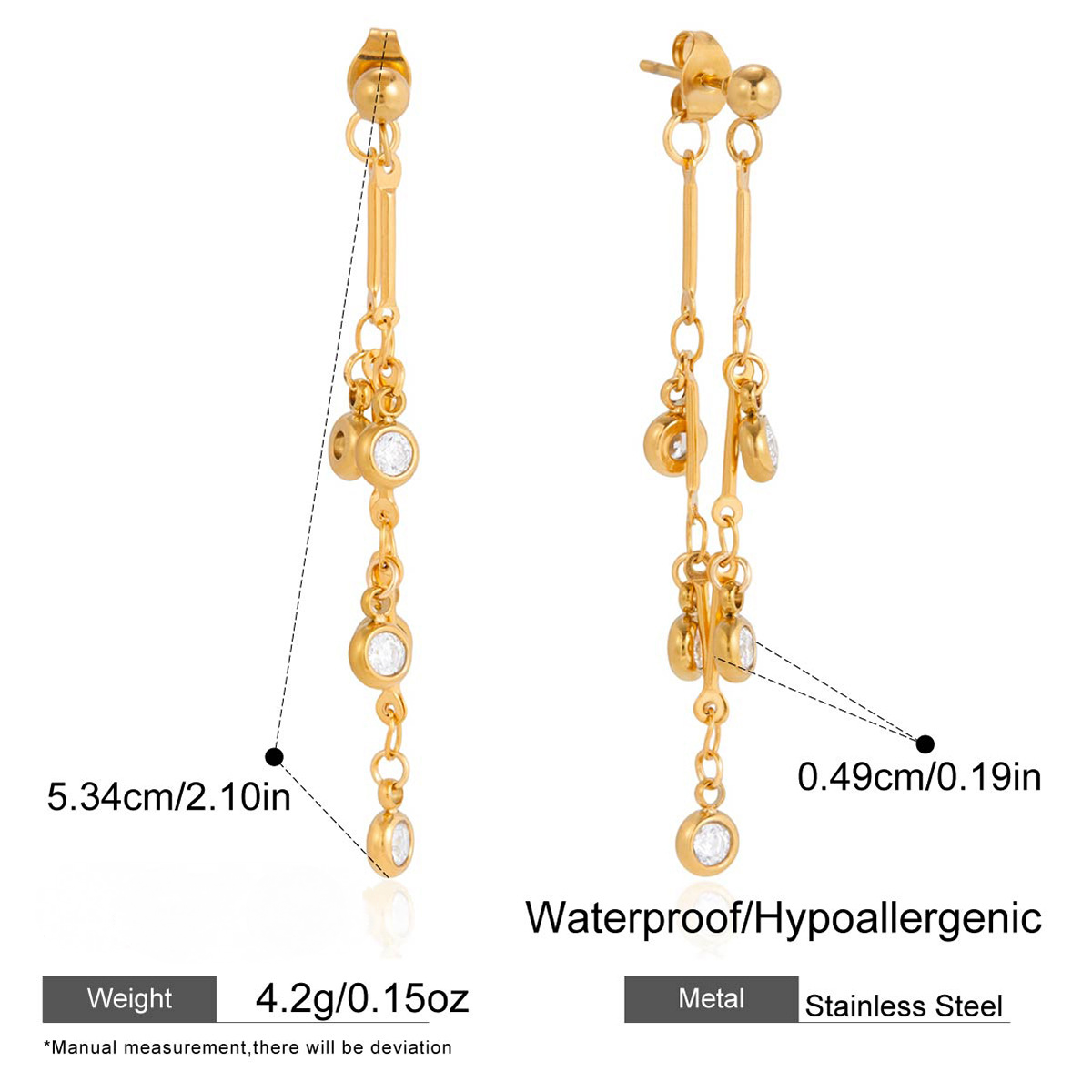 Stainless Steel Cubic Zirconia Chain Tassel Stud Earrings
