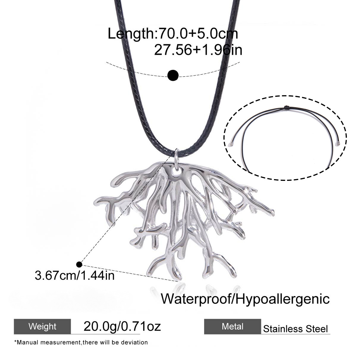 Stainless Steel Black Wax Rope Coral Pendant Necklace