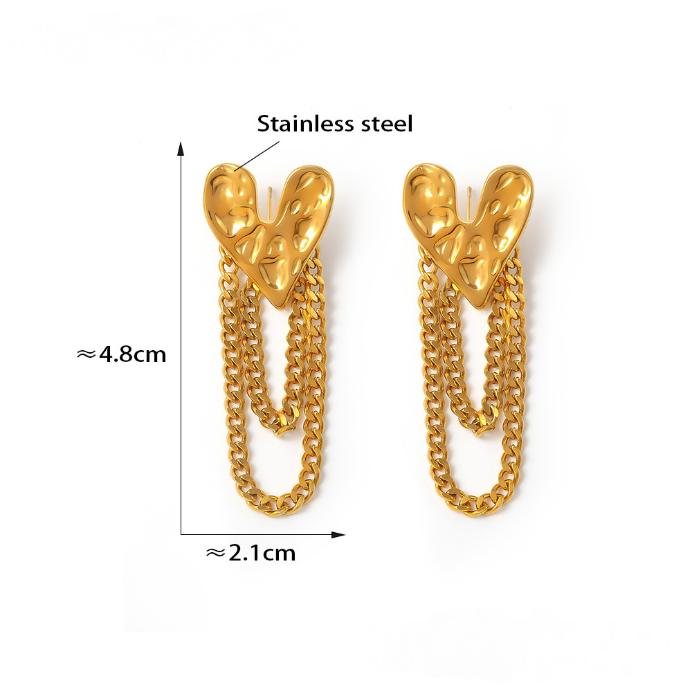 Stainless Steel Textured Heart Chain Tassel Drop Earrings