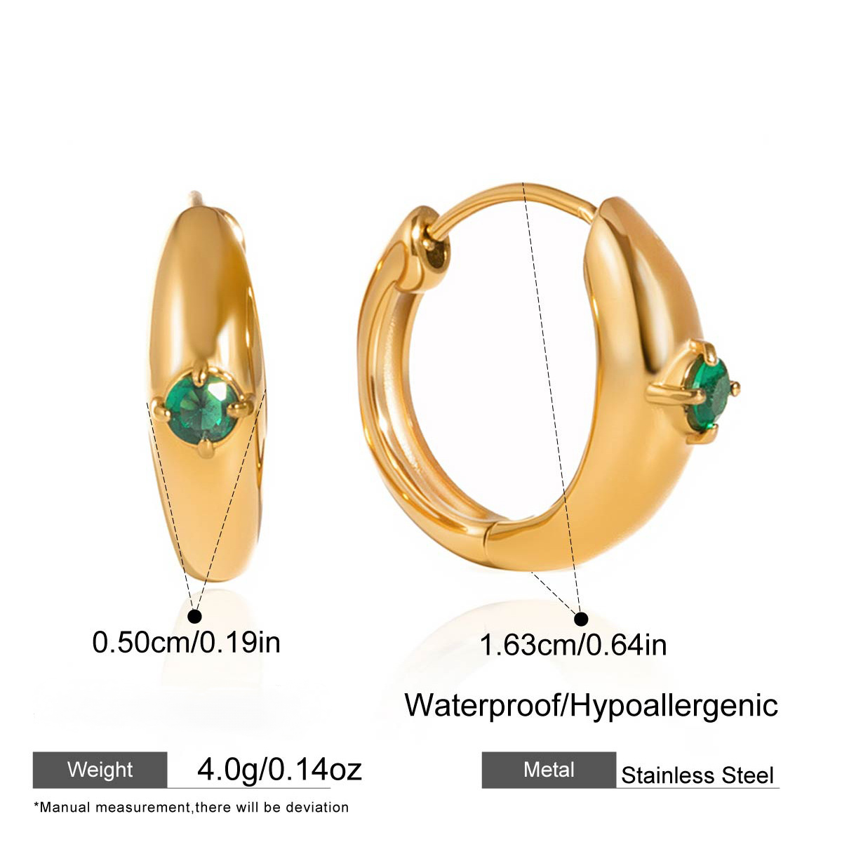 Stainless Steel Green Cubic Zirconia Huggie Earrings