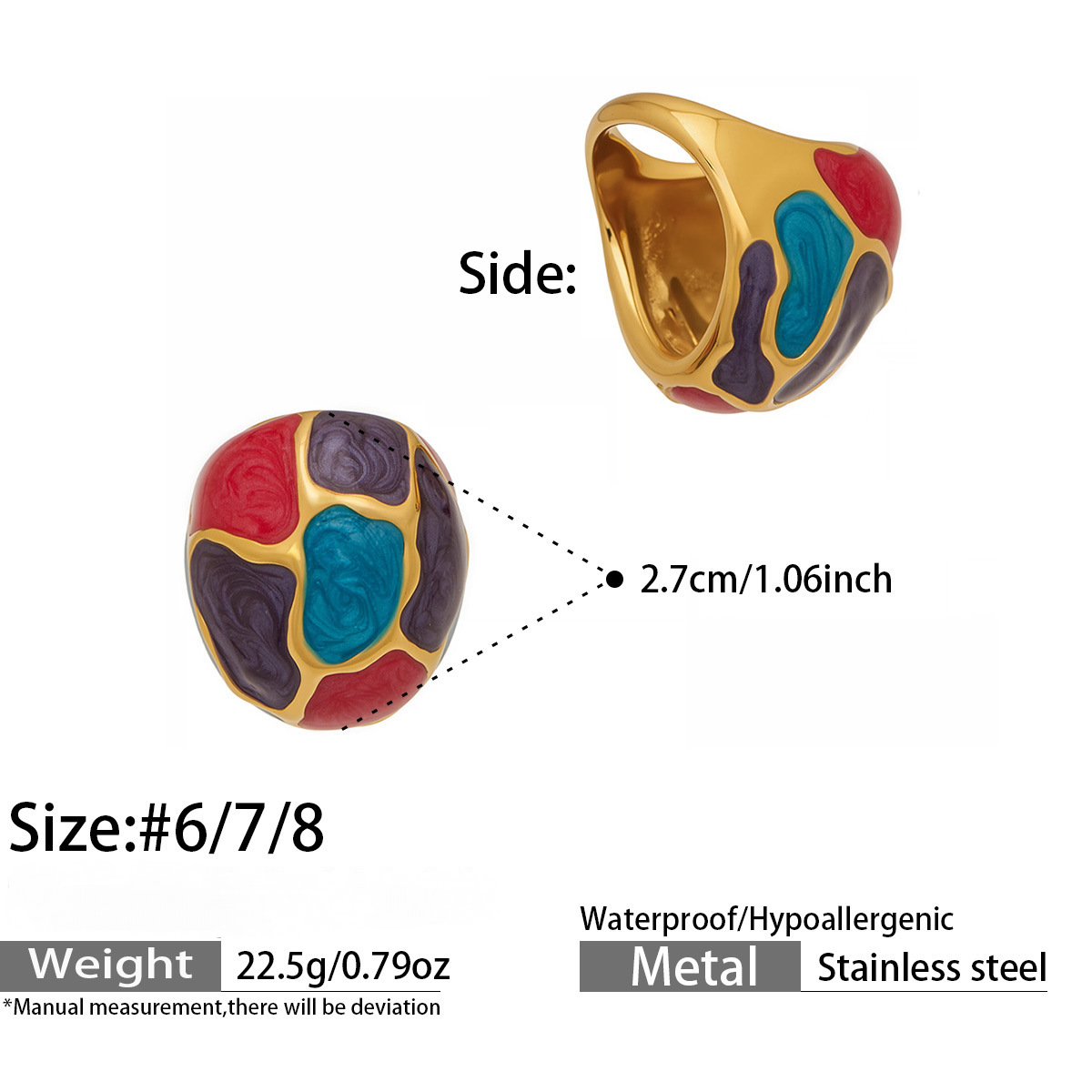 Stainless Steel Rainbow Enamel Oval Glass Stone Ring